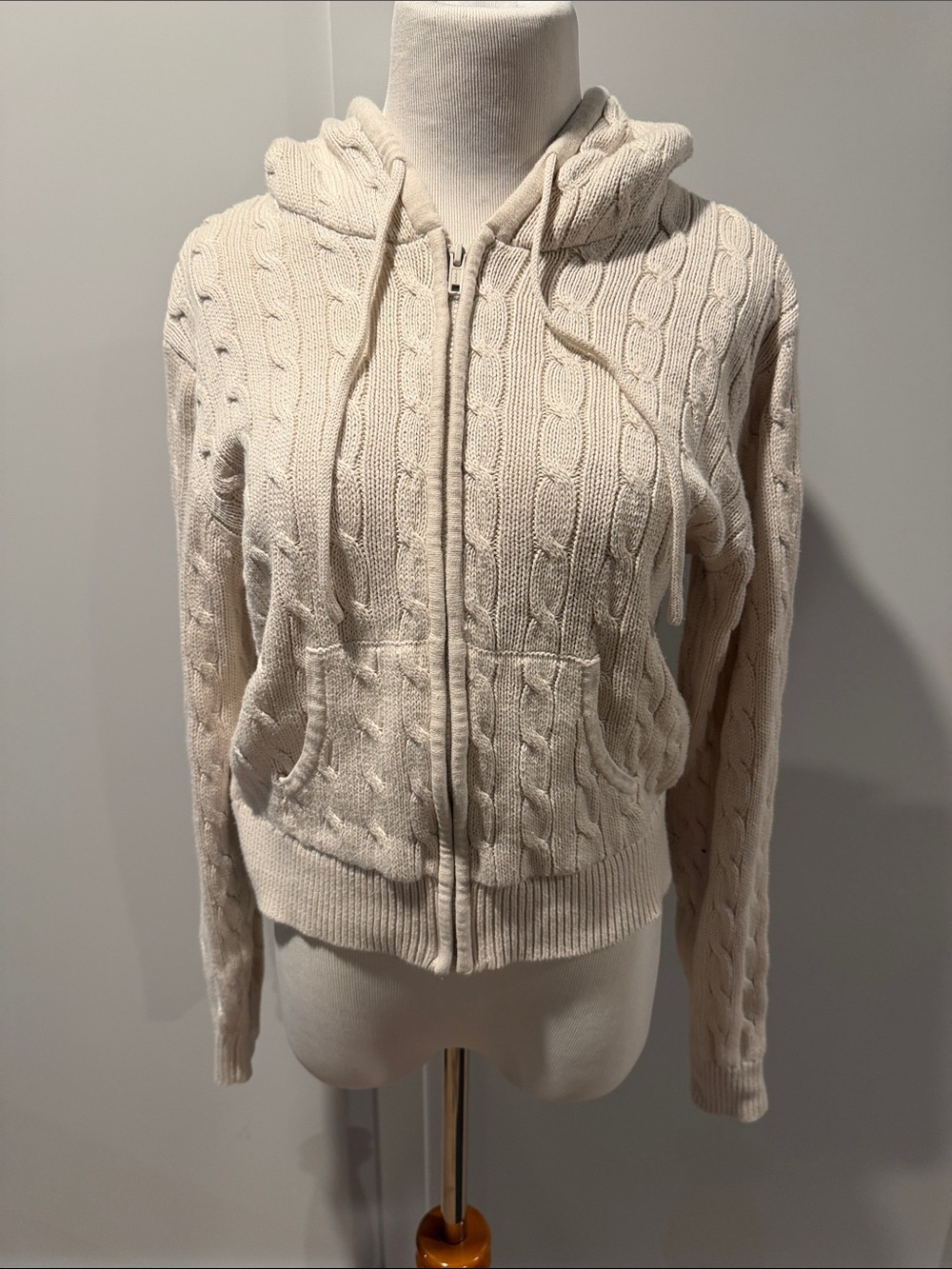 Brandy Melville Cream hooded Cable-Knit zip up Sweater